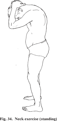 Line drawing of a standing neck exercise, from The Way to Vibrant Health